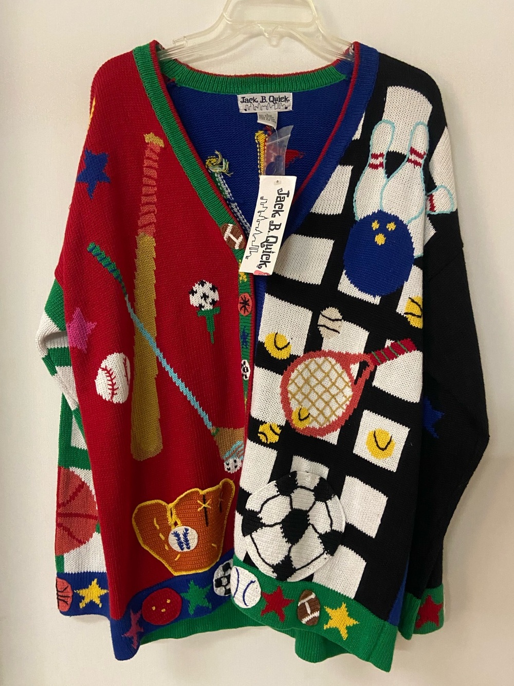 NWT VTG Jack B. Quick Sports V-Neck Cardigan Sweater L Cotton Novelty Pockets